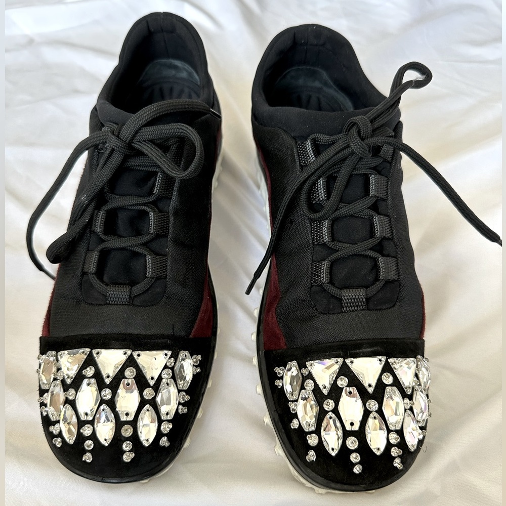 MIU MIU Black/Maroon Fabric and Suede Jeweled Toe Sneakers Size 38